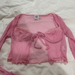 Pink Mesh Long Sleeve Crop Top